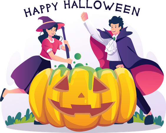 Garçon et fille en costume de sorcière et de sorcier préparant une potion magique verte dans une citrouille géante Halloween  Illustration