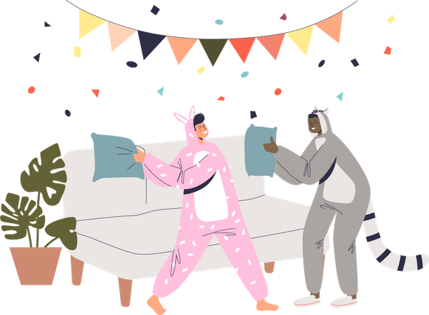 Garçon et fille en costumes de lapin et de raton laveur combattant des oreillers  Illustration