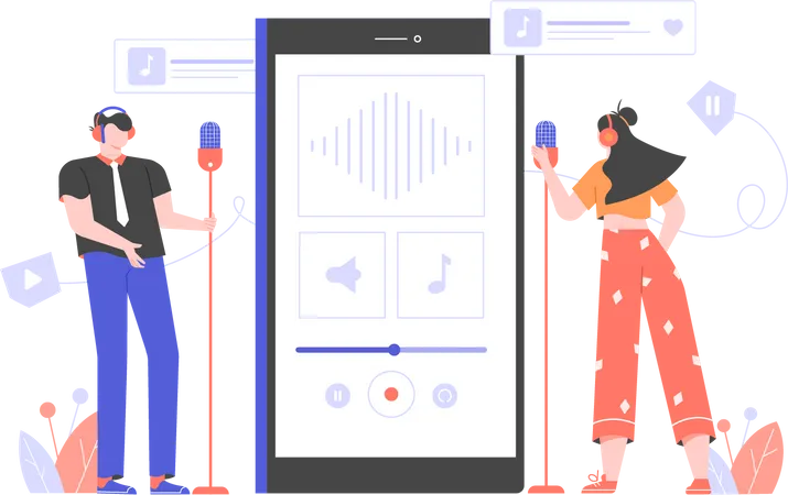 Garçon et fille enregistrant un podcast à l'aide d'une application pour smartphone  Illustration