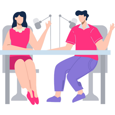 Garçon et fille faisant du podcasting  Illustration