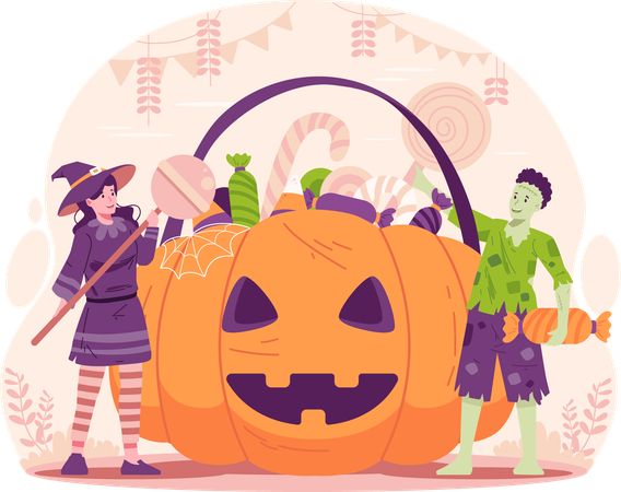 Garçon et fille vêtus de costumes d'Halloween avec un énorme panier de citrouille d'Halloween rempli de bonbons et de friandises  Illustration