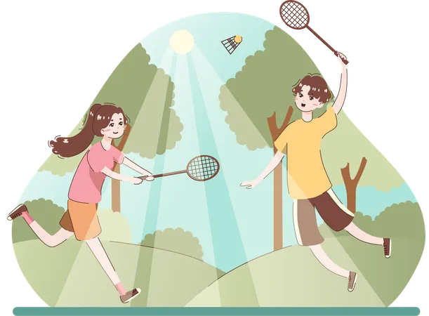 Garçon et fille jouant au badminton  Illustration