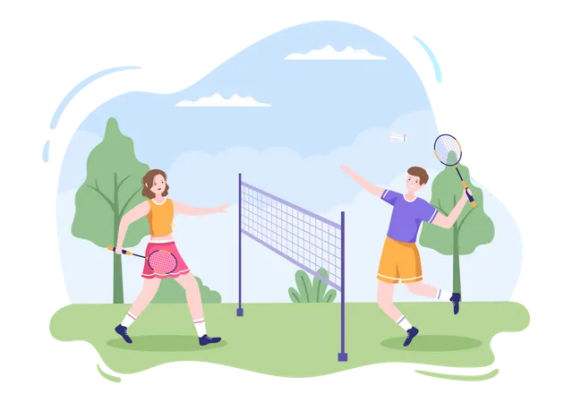 Garçon et fille jouant au badminton  Illustration