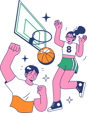 Garçon et fille jouant au basket-ball  Illustration