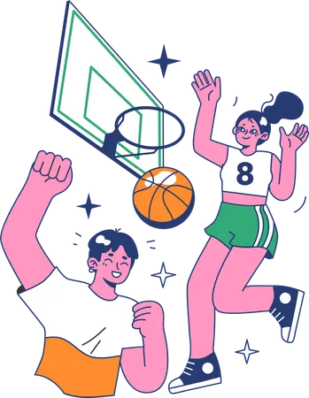 Garçon et fille jouant au basket-ball  Illustration