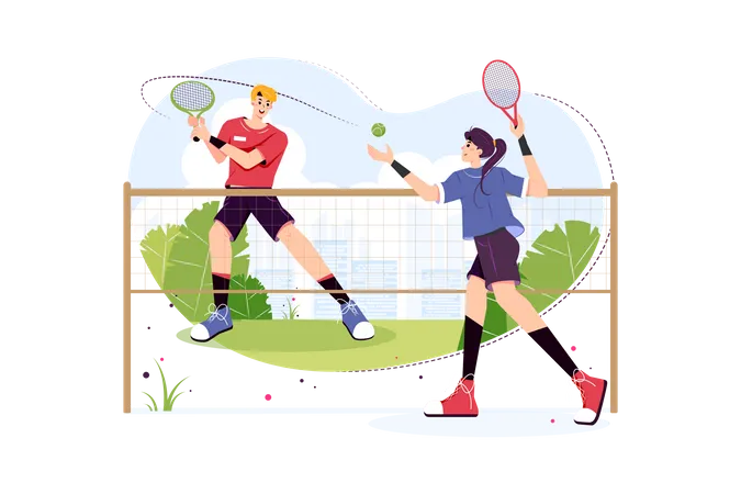 Garçon et fille jouant au tennis  Illustration