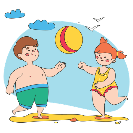 Garçon et fille jouant avec le ballon  Illustration