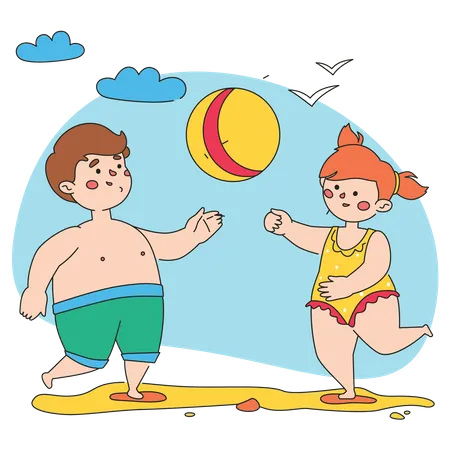 Garçon et fille jouant avec le ballon  Illustration