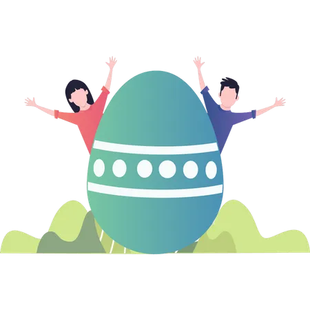 Garçon et fille jouant avec un œuf de Pâques  Illustration