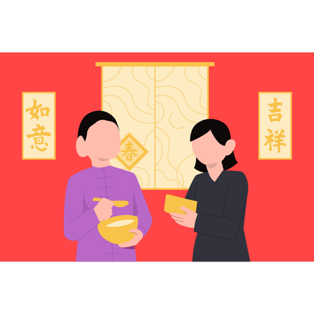 Garçon et fille mangeant de la nourriture le nouvel an chinois  Illustration