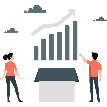 Un garçon et une fille pointent un graphique de croissance d'entreprise  Illustration