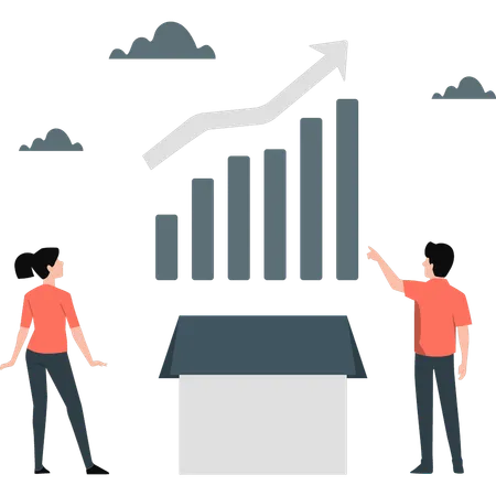 Un garçon et une fille pointent un graphique de croissance d'entreprise  Illustration