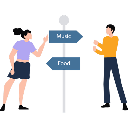 Garçon et fille parlant de panneau de direction  Illustration