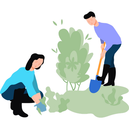 Garçon et fille plantant des plantes  Illustration