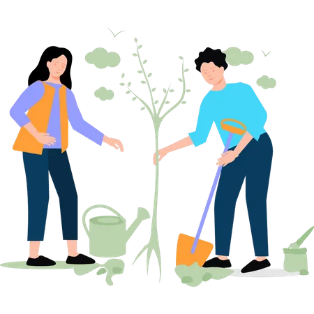 Garçon et fille plantant des plantes dans le parc  Illustration