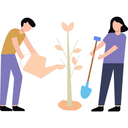 Garçon et fille plantant un arbre  Illustration