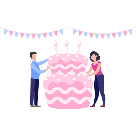 Garçon et fille préparant le gâteau d'anniversaire  Illustration