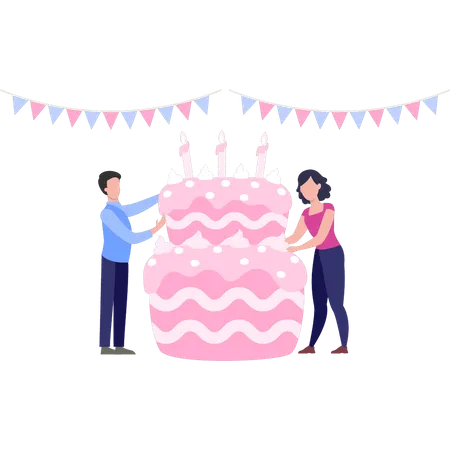 Garçon et fille préparant le gâteau d'anniversaire  Illustration