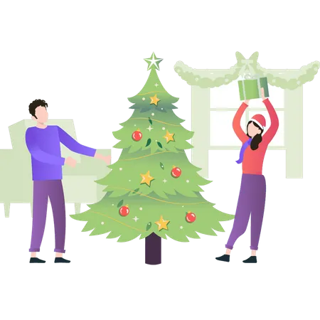 Garçon et fille regardant l'arbre de Noël  Illustration