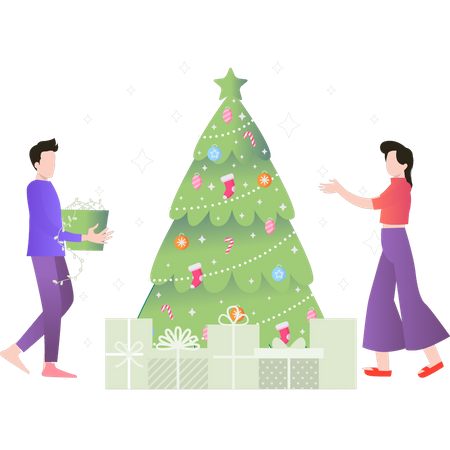 Garçon et fille regardant l'arbre de Noël  Illustration