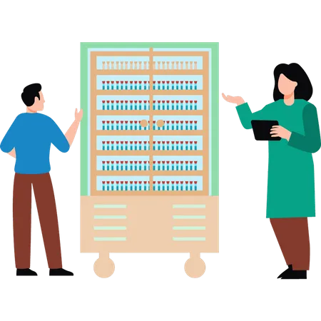 Garçon et fille regardant une armoire de stockage d'échantillons  Illustration