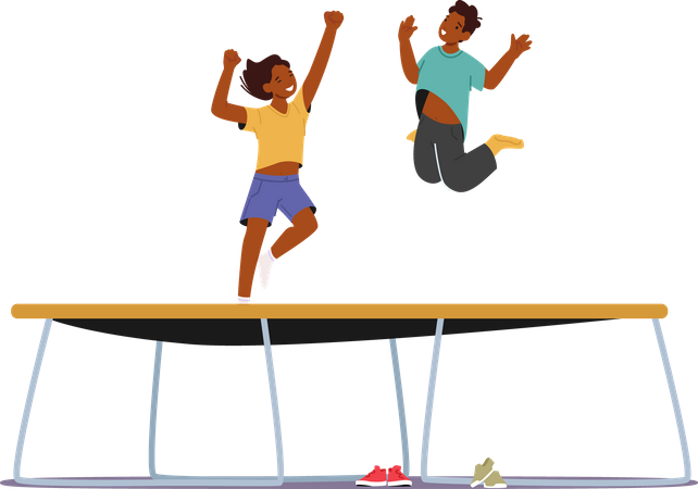 Garçon et fille sautant sur le trampoline  Illustration