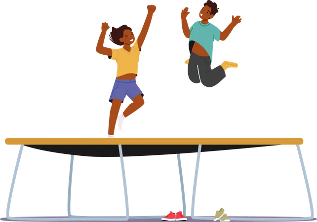 Garçon et fille sautant sur le trampoline  Illustration