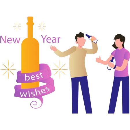 Garçon et fille tenant des bouteilles de vin pour la célébration du nouvel an  Illustration