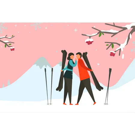 Garçon et fille tenant une planche de ski sur glace  Illustration