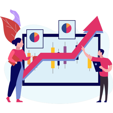 Garçon et fille travaillant sur un graphique analytique  Illustration