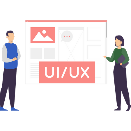 Garçon et fille travaillant sur UX et UI  Ilustração