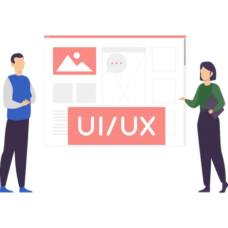 Garçon et fille travaillant sur UX et UI  Ilustração