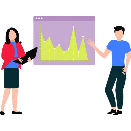 Garçon et fille travaillent sur un graphique analytique  Illustration