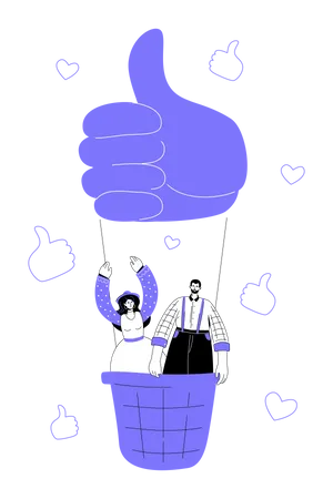 Garçon et fille volant sur une montgolfière, pouces vers le haut et aime, coeurs  Illustration