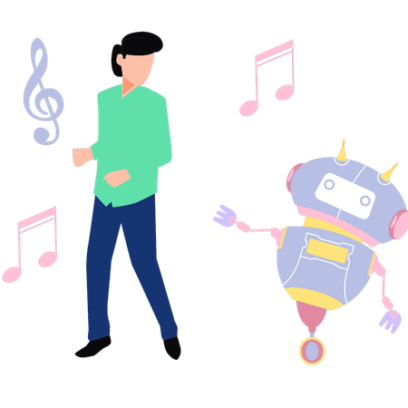 Le garçon et le robot dansent sur la musique  Illustration