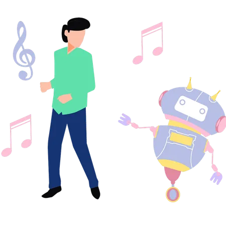 Le garçon et le robot dansent sur la musique  Illustration