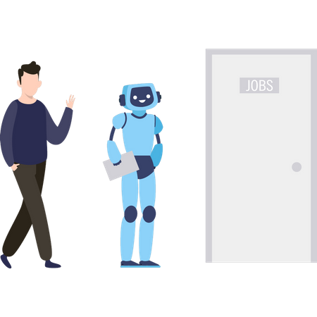 Un garçon et un robot se tiennent à l'extérieur de la salle de travail  Illustration