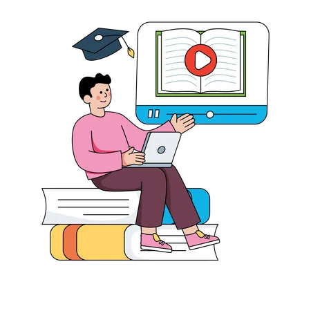 Un étudiant apprend à partir d'un tutoriel vidéo en ligne  Illustration