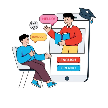 Un étudiant apprend le français avec un tuteur en ligne  Illustration