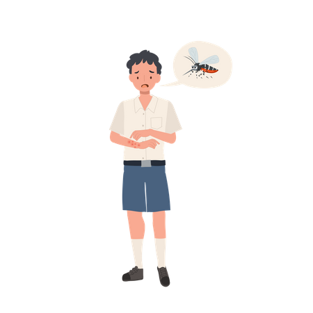 Garçon étudiant avec des piqûres de moustiques grattant la peau qui démange en été  Illustration
