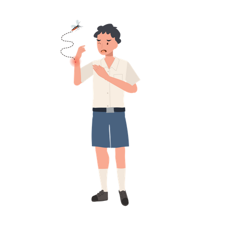 Garçon étudiant thaïlandais avec des piqûres de moustiques grattant la peau qui démange en été  Illustration