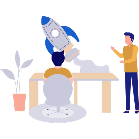 Un garçon explique la startup Rocket à un garçon  Illustration