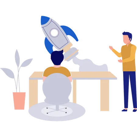 Un garçon explique la startup Rocket à un garçon  Illustration