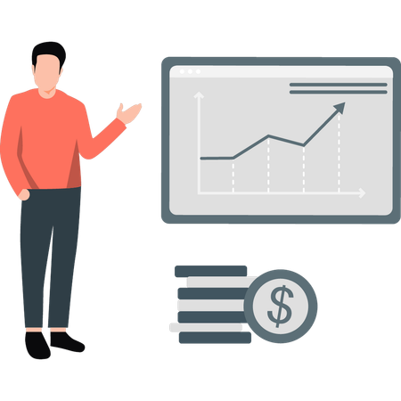 Un garçon explique le graphique ascendant de la finance  Illustration