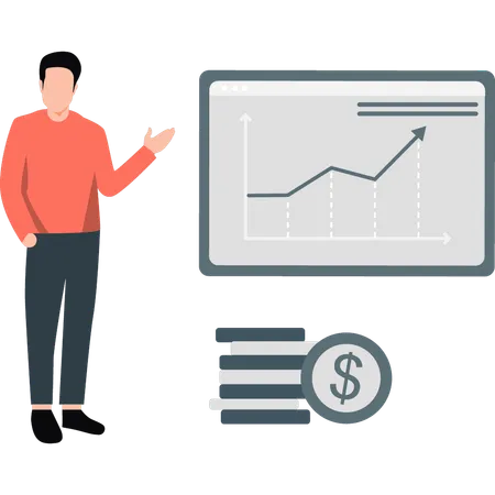 Un garçon explique le graphique ascendant de la finance  Illustration