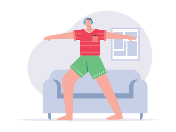 Un garçon fait de l'exercice à la maison tout en portant des écouteurs  Illustration