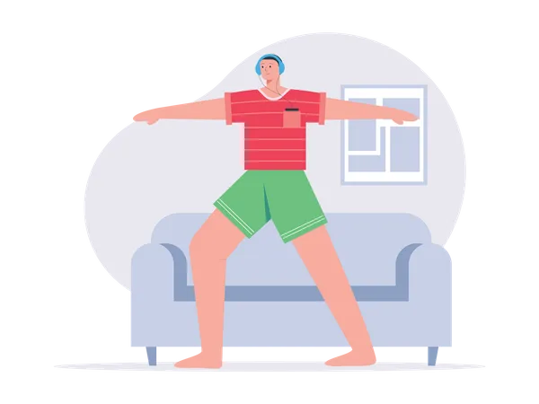 Un garçon fait de l'exercice à la maison tout en portant des écouteurs  Illustration