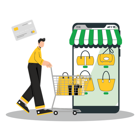 Garçon faisant du shopping à l'aide de l'application  Illustration