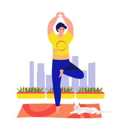 Garçon faisant une pose de yoga dans les arbres  Illustration