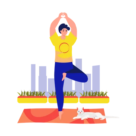 Garçon faisant une pose de yoga dans les arbres  Illustration